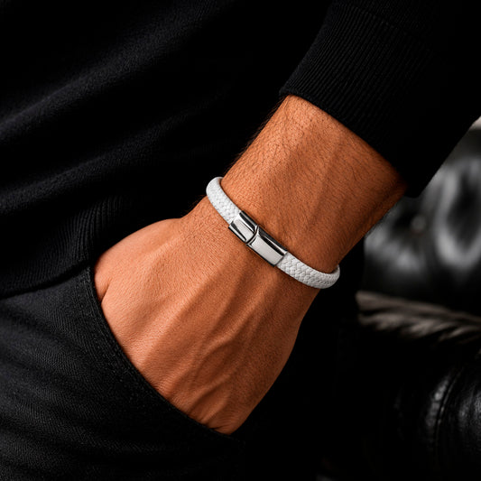 Braid Lock White Silver - Geflochtenes Lederarmband Herren gravierbar | Weiß