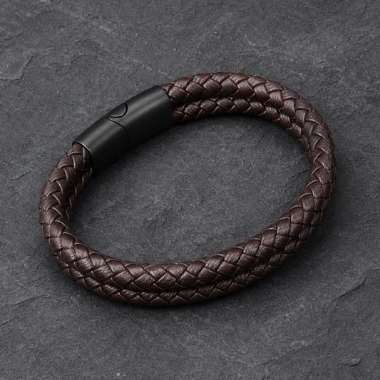 Rustic Lock - Dunkelbraunes Lederarmband für Herren mit Magnetverschluss & Dual-Layer Design