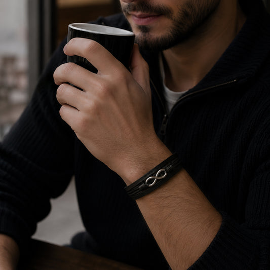 Mehrsträngiges schwarzes Herren Lederarmband mit Infinity Symbol am Handgelenk getragen.