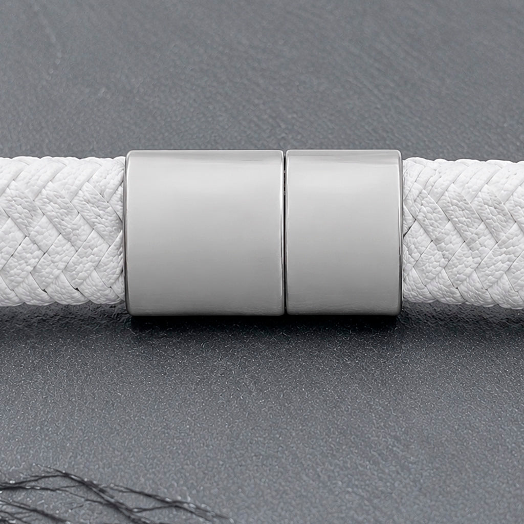 Braid Lock White Silver - Geflochtenes Lederarmband Herren gravierbar | Weiß