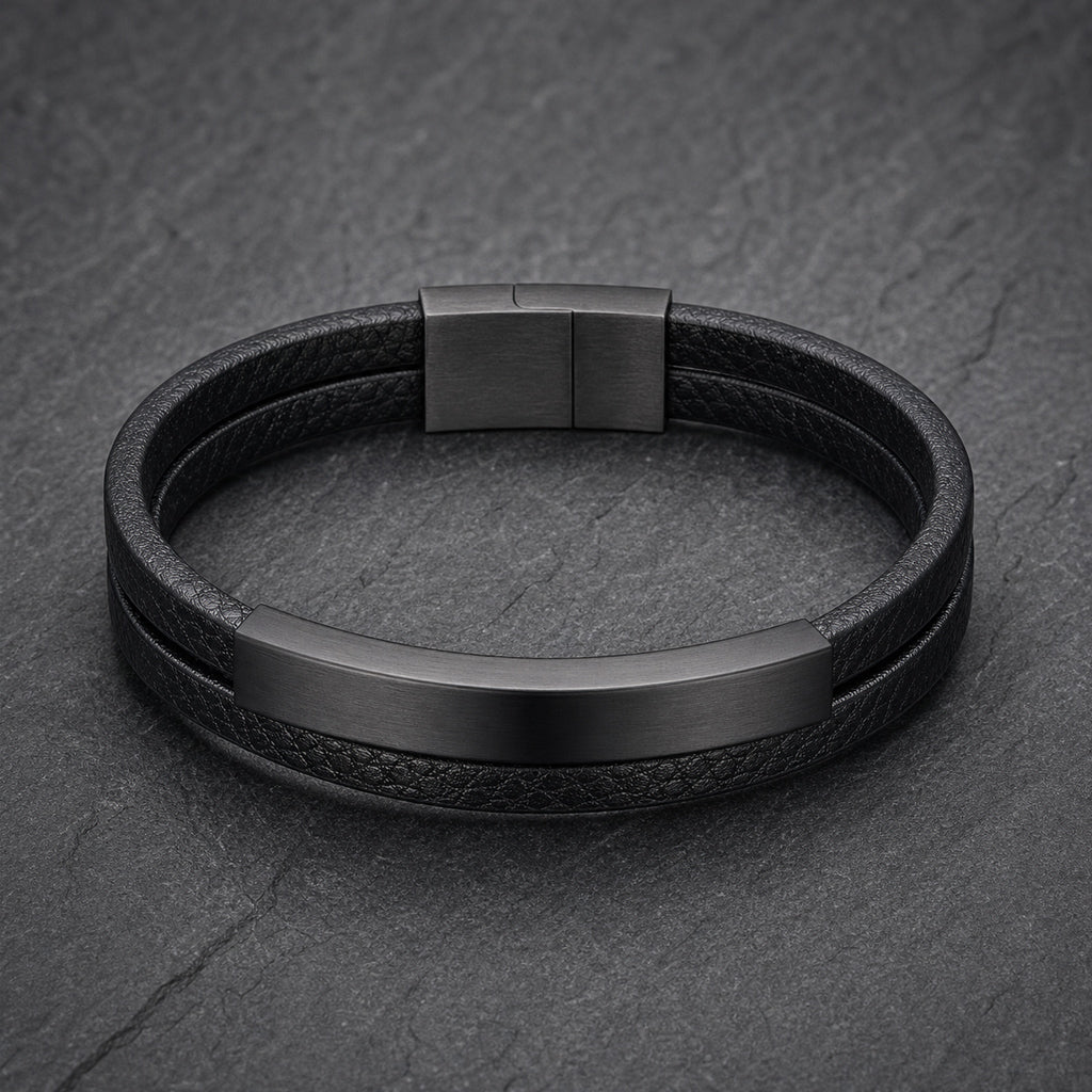 Dark Forge - Schwarzes Lederarmband für Herren mit Edelstahleinsatz in Schwarz