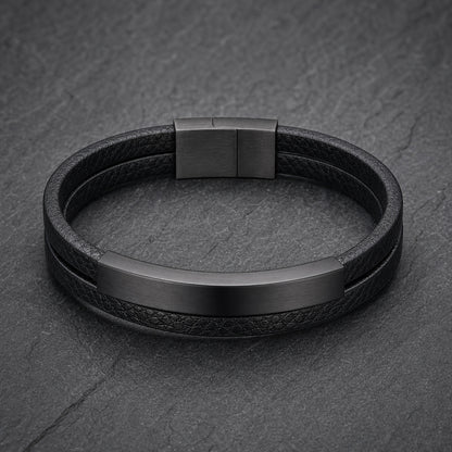 Dark Forge - Schwarzes Lederarmband für Herren mit Edelstahleinsatz in Schwarz