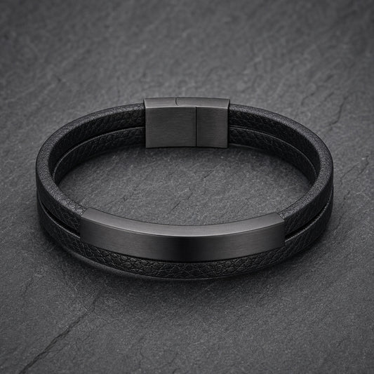 Dark Forge - Schwarzes Lederarmband für Herren mit Edelstahleinsatz in Schwarz