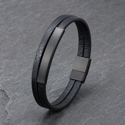 Dark Forge - Schwarzes Lederarmband für Herren mit Edelstahleinsatz in Schwarz