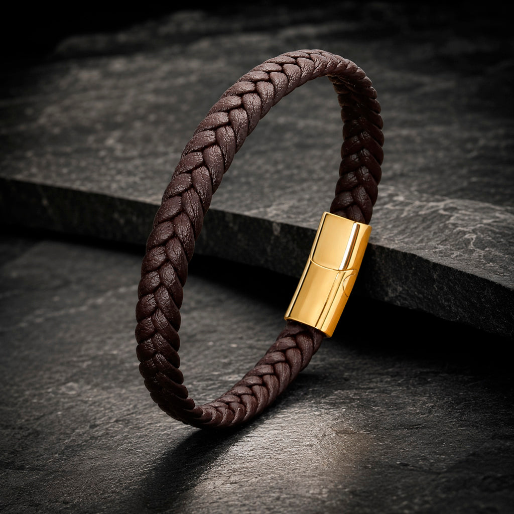 Braid Lock Slim Brown - Schmales Lederarmband Herren 21 cm Magnetverschluss