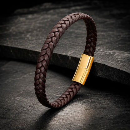 Braid Lock Slim Brown - Schmales Lederarmband Herren 21 cm Magnetverschluss