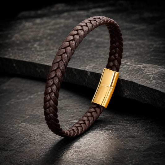 Braid Lock Slim Brown - Schmales Lederarmband Herren 21 cm Magnetverschluss