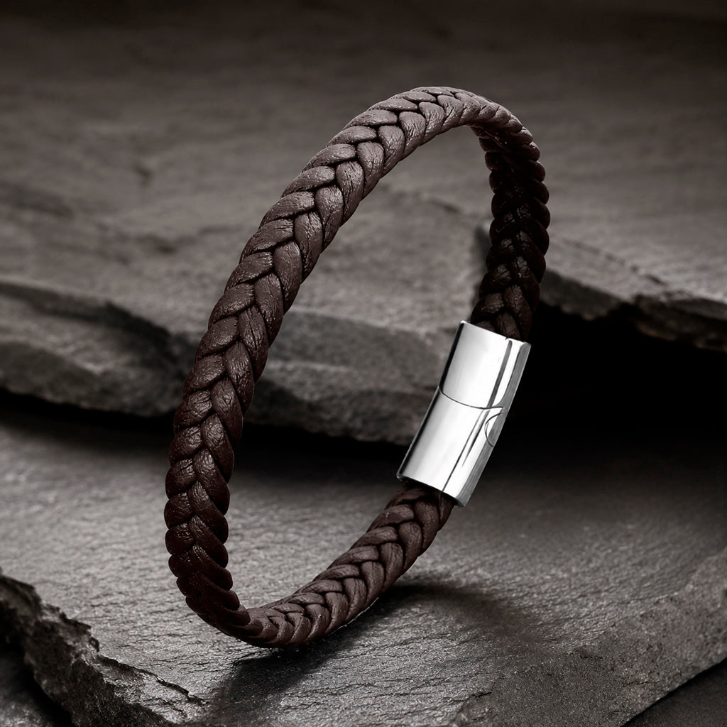 Braid Lock Slim Brown - Schmales Lederarmband Herren 21 cm Magnetverschluss