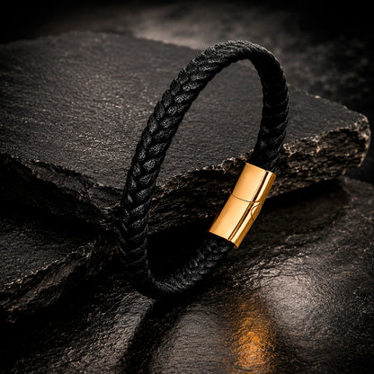 Braid Lock Slim Black - Schmales schwarzes Lederarmband für Herren