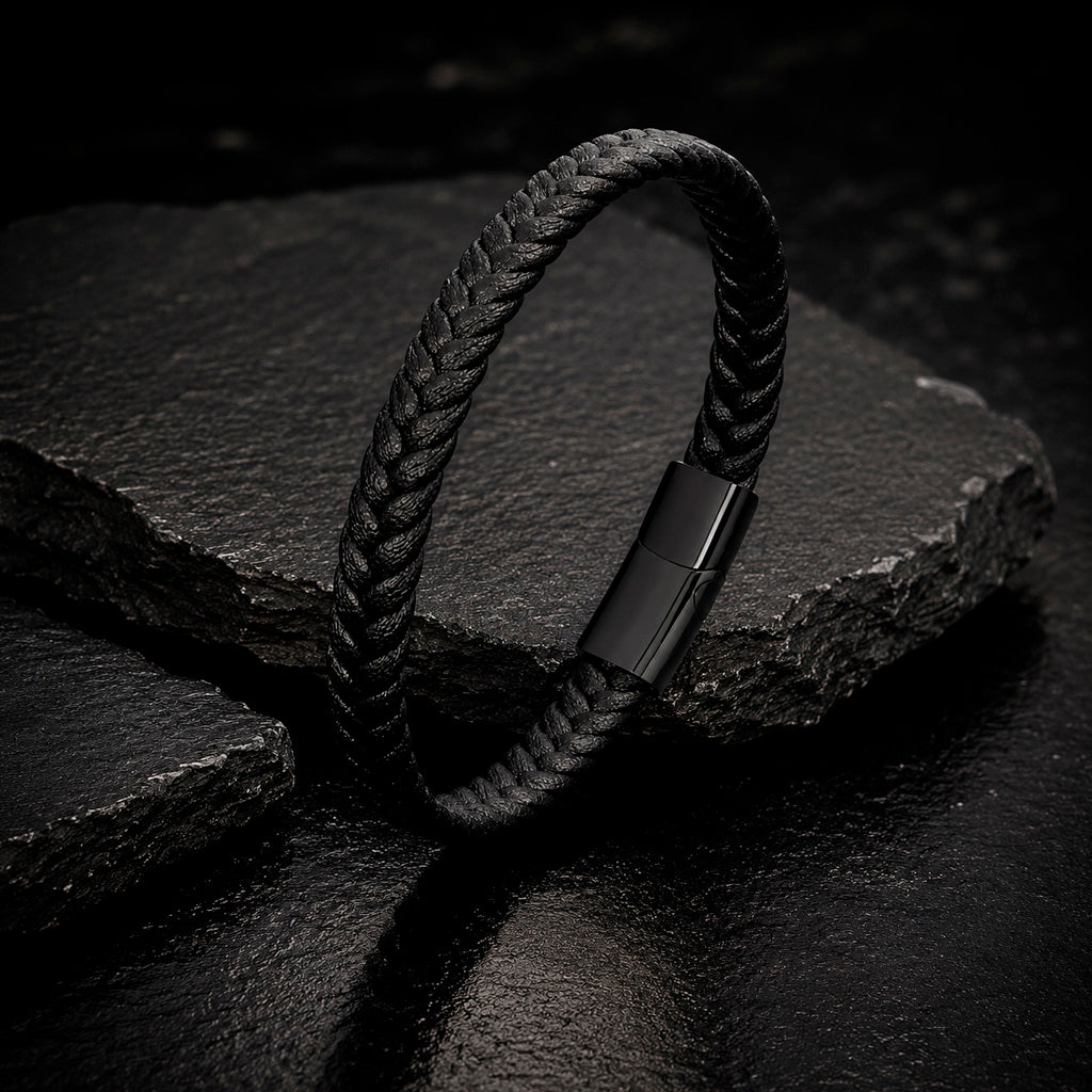 Braid Lock Slim Black - Schmales Lederarmband Herren 21 cm Magnetverschluss
