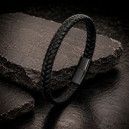 Braid Lock Slim Black - Schmales Lederarmband Herren 21 cm Magnetverschluss