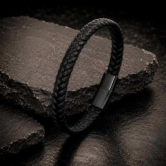 Braid Lock Slim Black - Schmales Lederarmband Herren 21 cm Magnetverschluss
