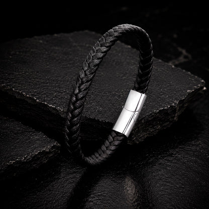 Braid Lock Slim Black - Schmales Lederarmband Herren 21 cm Magnetverschluss