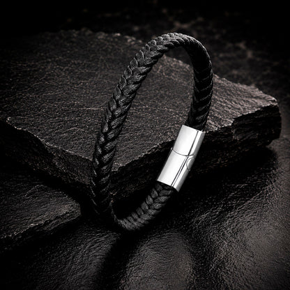 Braid Lock Slim Black - Schmales Lederarmband Herren 21 cm Magnetverschluss