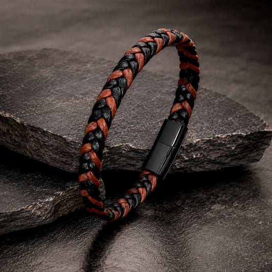Braid Lock Slim - Schmales Lederarmband Herren Braun / Schwarz 21 cm Magnetverschluss