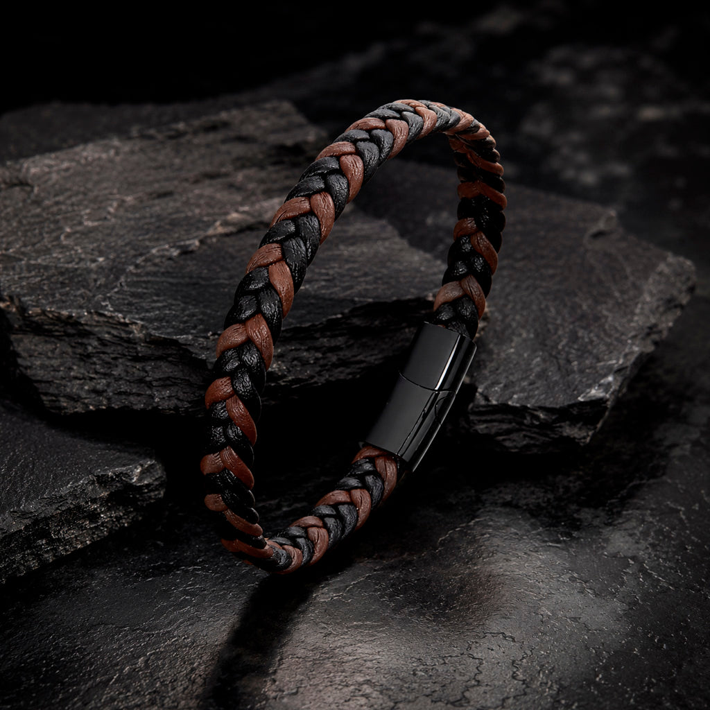 Braid Lock Slim - Schmales Lederarmband Herren Braun / Schwarz 21 cm Magnetverschluss