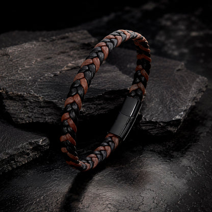 Braid Lock Slim - Schmales Lederarmband Herren Braun / Schwarz 21 cm Magnetverschluss