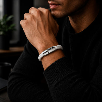 Braid Lock White Silver - Geflochtenes Lederarmband Herren gravierbar | Weiß