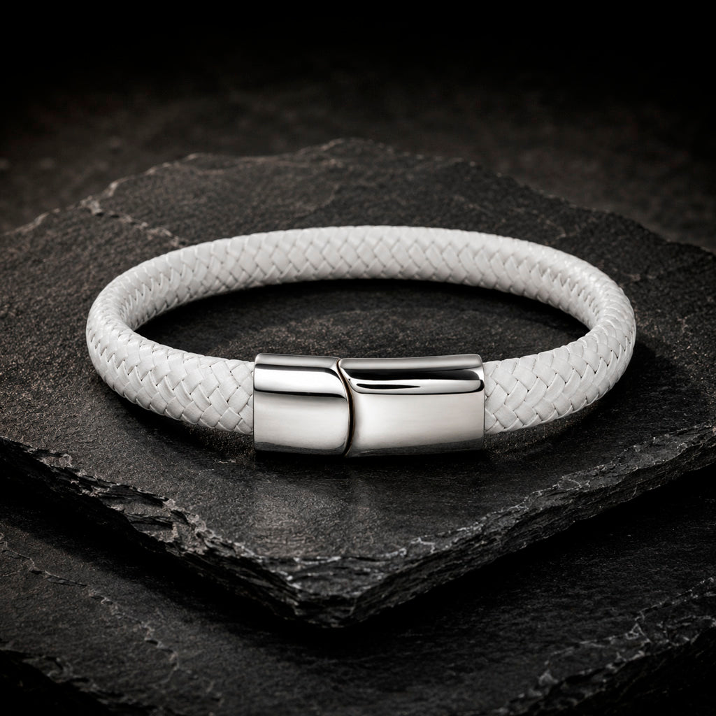 Braid Lock White Silver - Geflochtenes Lederarmband Herren gravierbar | Weiß
