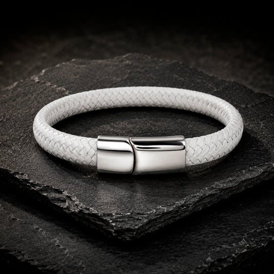Braid Lock White Silver - Geflochtenes Lederarmband Herren gravierbar | Weiß