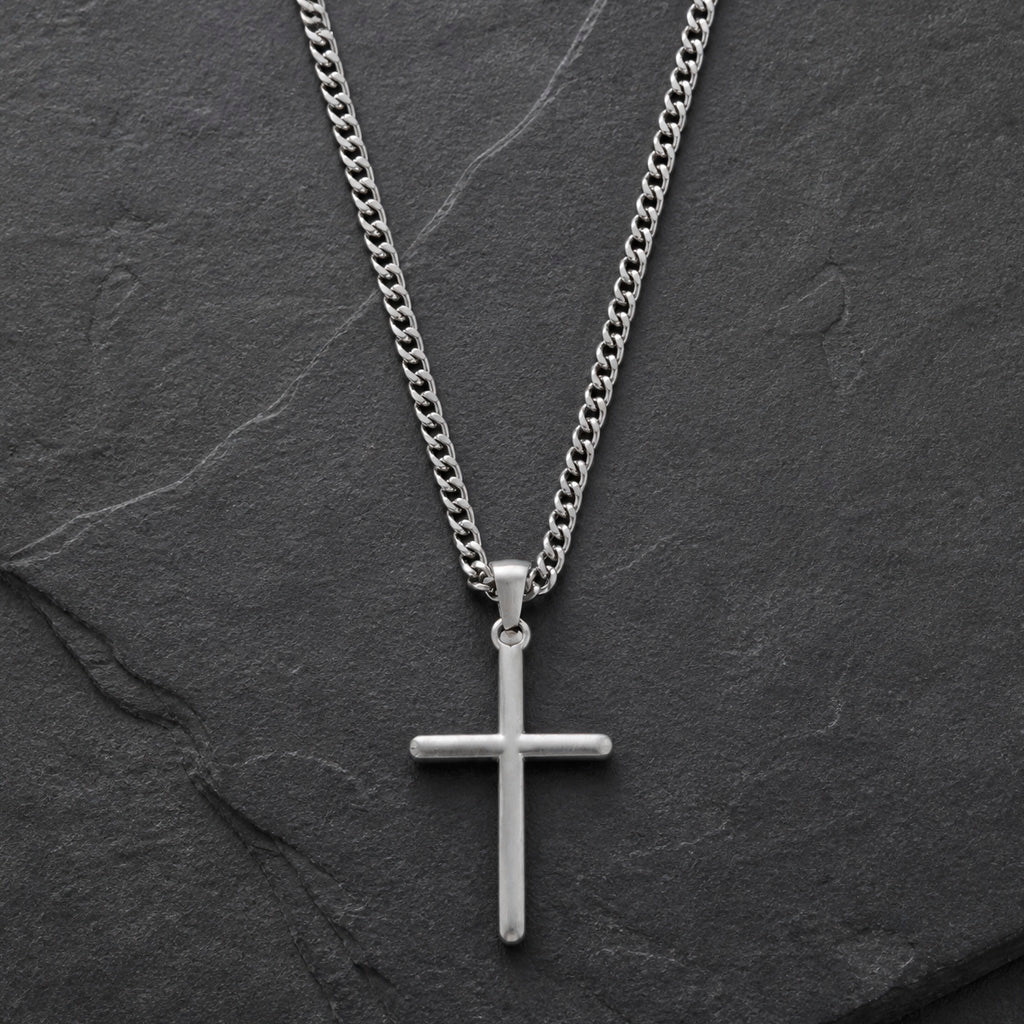 Halskette aus Edelstahl, versilbert mit Anhänger Kreuz für Männer