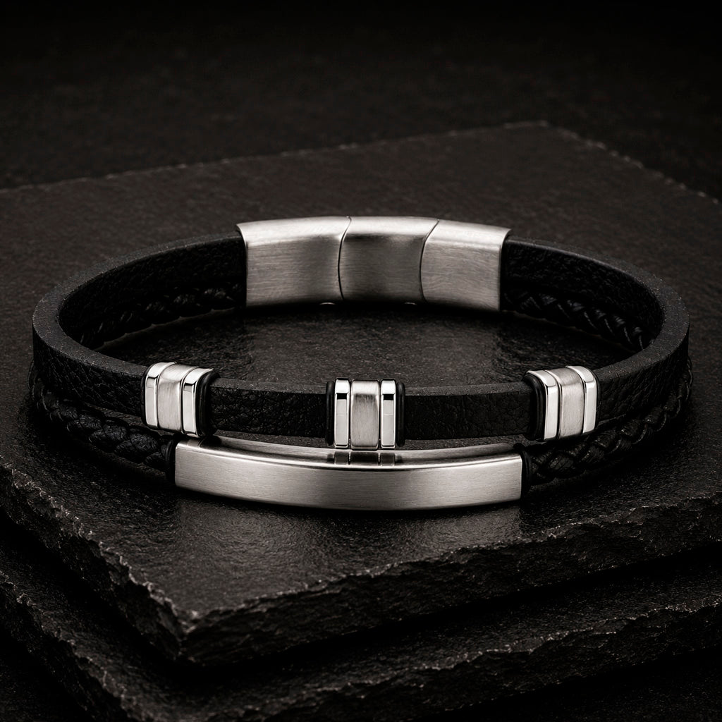 Frank 1967 Double Line Lederarmband mit Edelstahl-Elementen