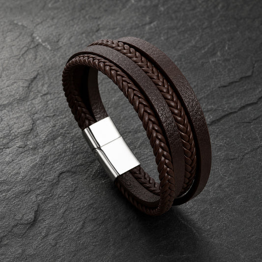 Lederarmband mehrreihig in braun mit Magnetverschluss aus silbernem Edelstahl auf Schieferplatte