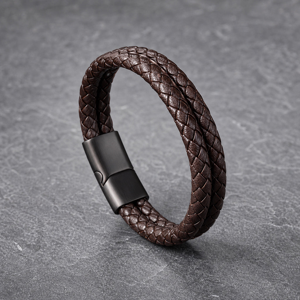 Rustic Lock - Dunkelbraunes Lederarmband für Herren mit Magnetverschluss & Dual-Layer Design