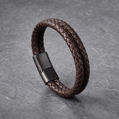 Rustic Lock - Dunkelbraunes Lederarmband für Herren mit Magnetverschluss & Dual-Layer Design