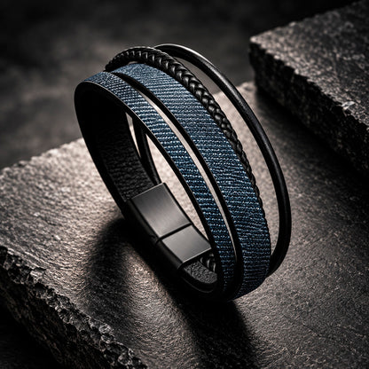 Multilayer Leather Herrenarmband mit breiten Lederstreifen