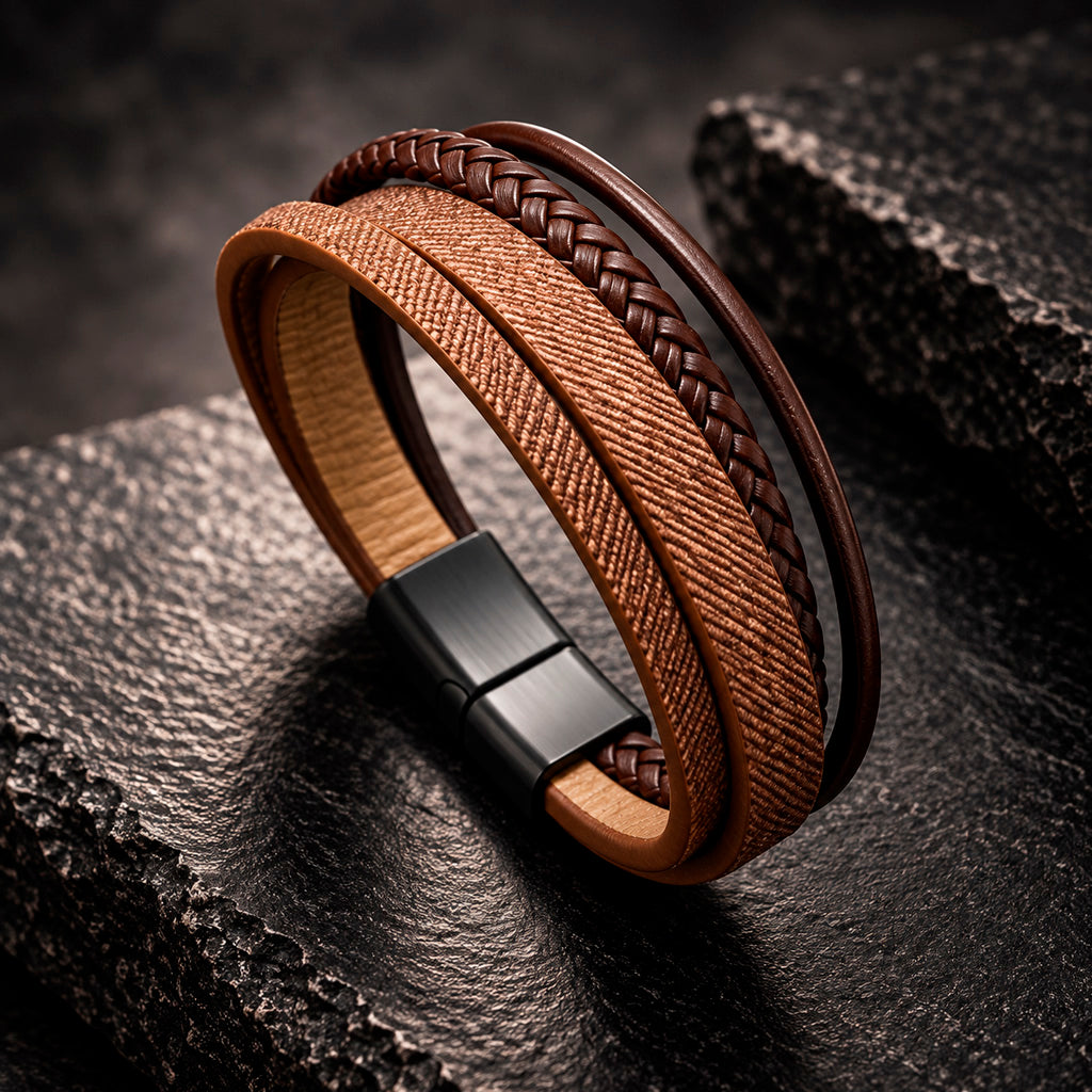 Multilayer Leather Herrenarmband mit breiten Lederstreifen