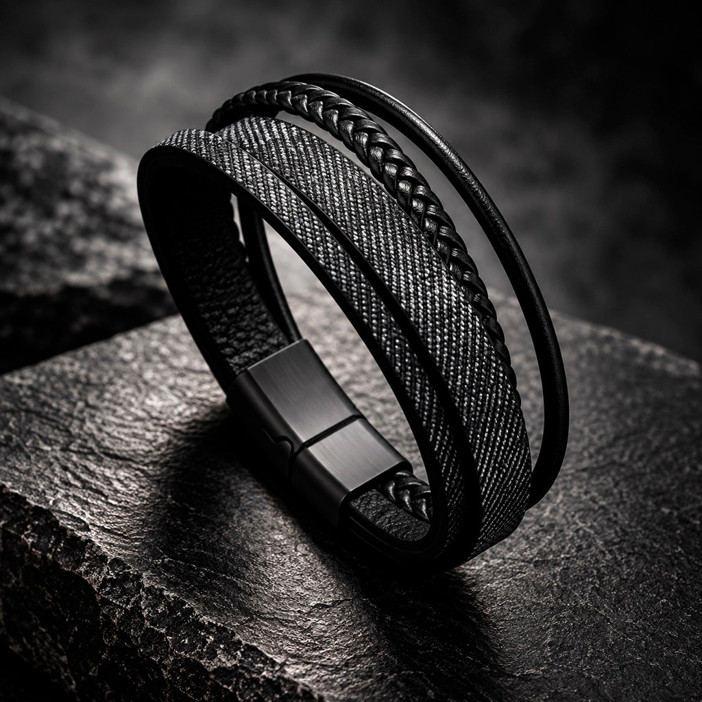 Multilayer Leather Herrenarmband von MANAVARO mit breiten Lederstreifen
