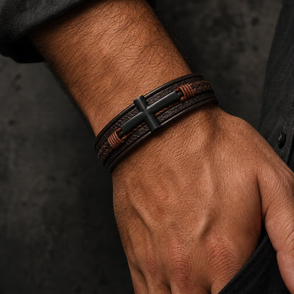 Lederarmband mehrreihig in braun mit schwarzem Kreuz aus Edelstahl am Handgelenk in Nahaufnahme