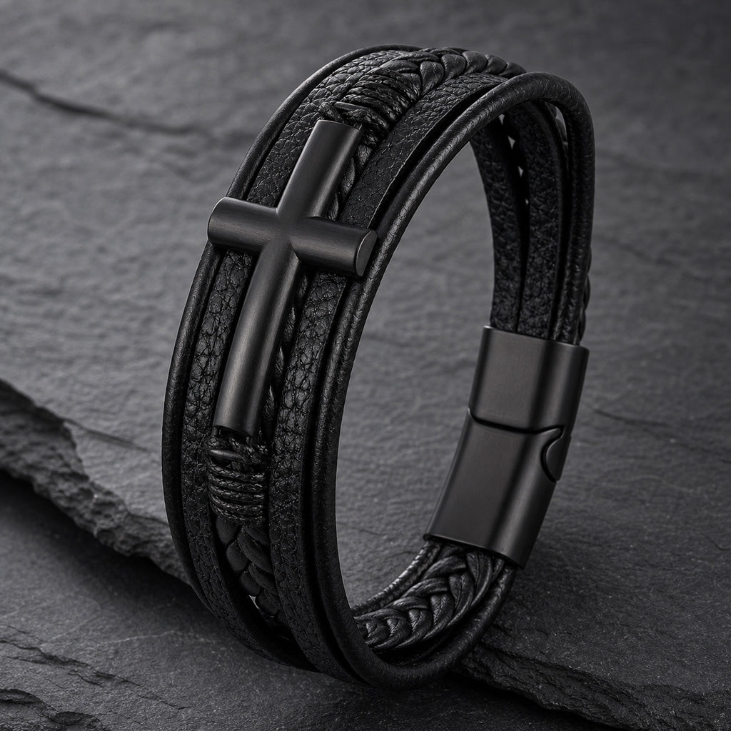 Lederarmband mehrreihig in schwarz mit schwarzem Kreuz aus Edelstahl auf Schieferplatte