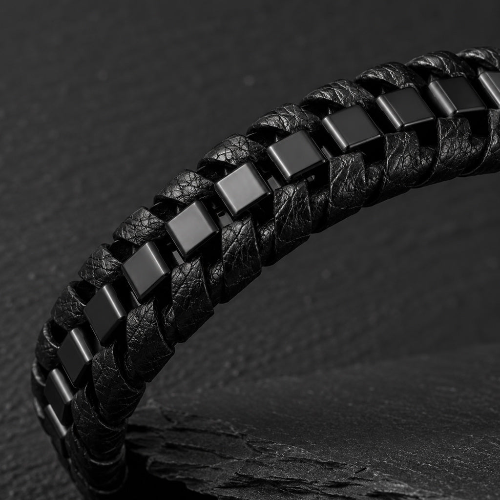 Schwarzes Herren Lederarmband mit geflochtenem Design und Edelstahlelementen in Detailaufnahme.