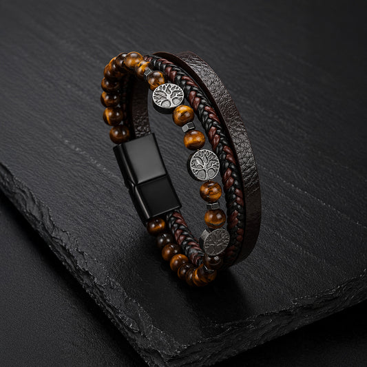 Braunes Herren Lederarmband mit Tigerauge Perlen und Lebensbaum Anhängern.