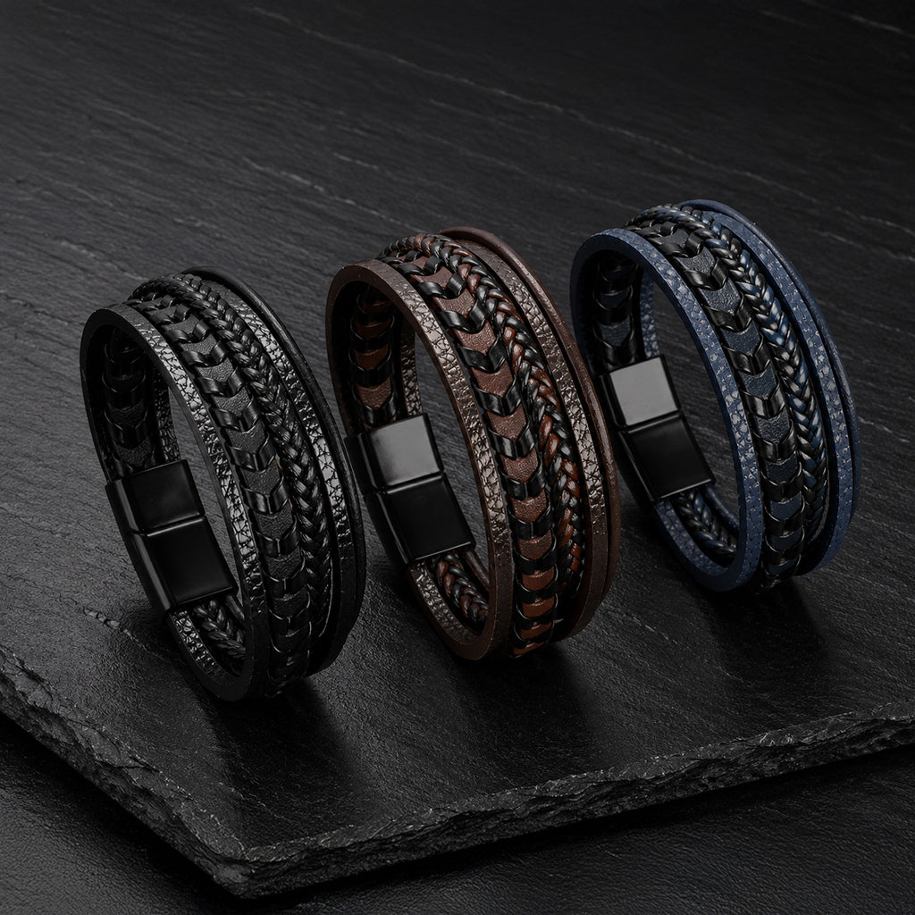 Mehrsträngige Herren Lederarmbänder in Schwarz, Braun und Dunkelblau mit Magnetverschluss.