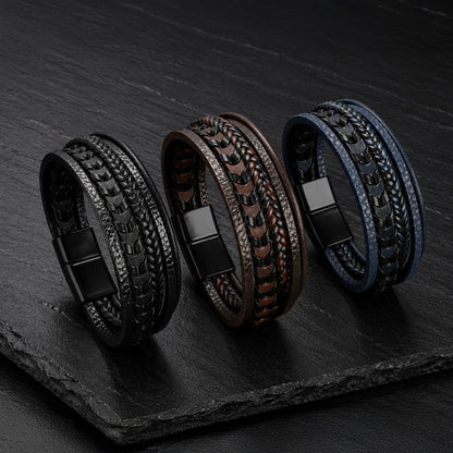 Mehrsträngige Herren Lederarmbänder in Schwarz, Braun und Dunkelblau mit Magnetverschluss.