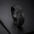 Mehrsträngiges schwarzes Herren Lederarmband mit Edelstahl-Magnetverschluss.