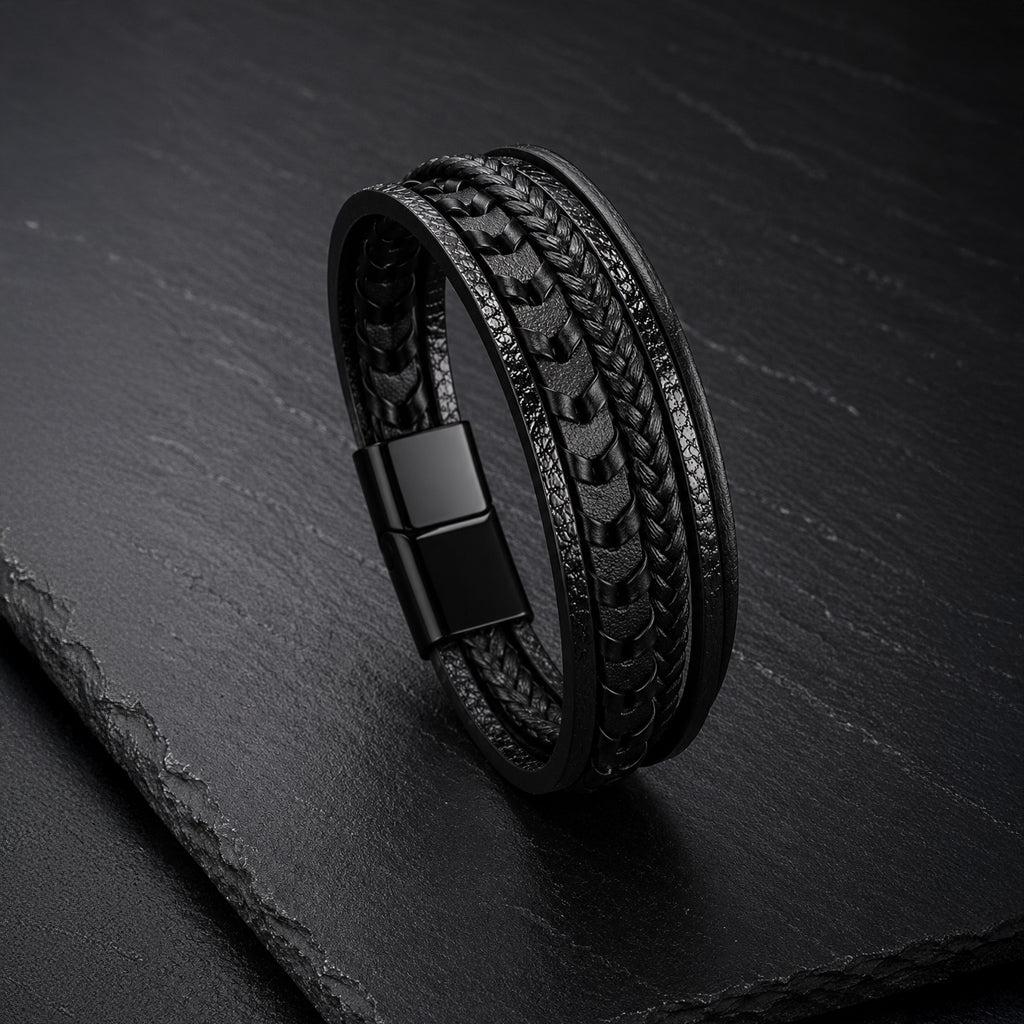 Mehrsträngiges schwarzes Herren Lederarmband mit Edelstahl-Magnetverschluss.