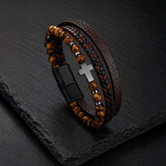 Braun-schwarzes Herren Lederarmband mit Tigerauge-Perlen und Kreuz.