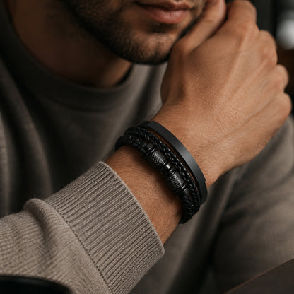Mehrsträngiges schwarzes Herren Lederarmband mit Gravurplatte am Handgelenk getragen.