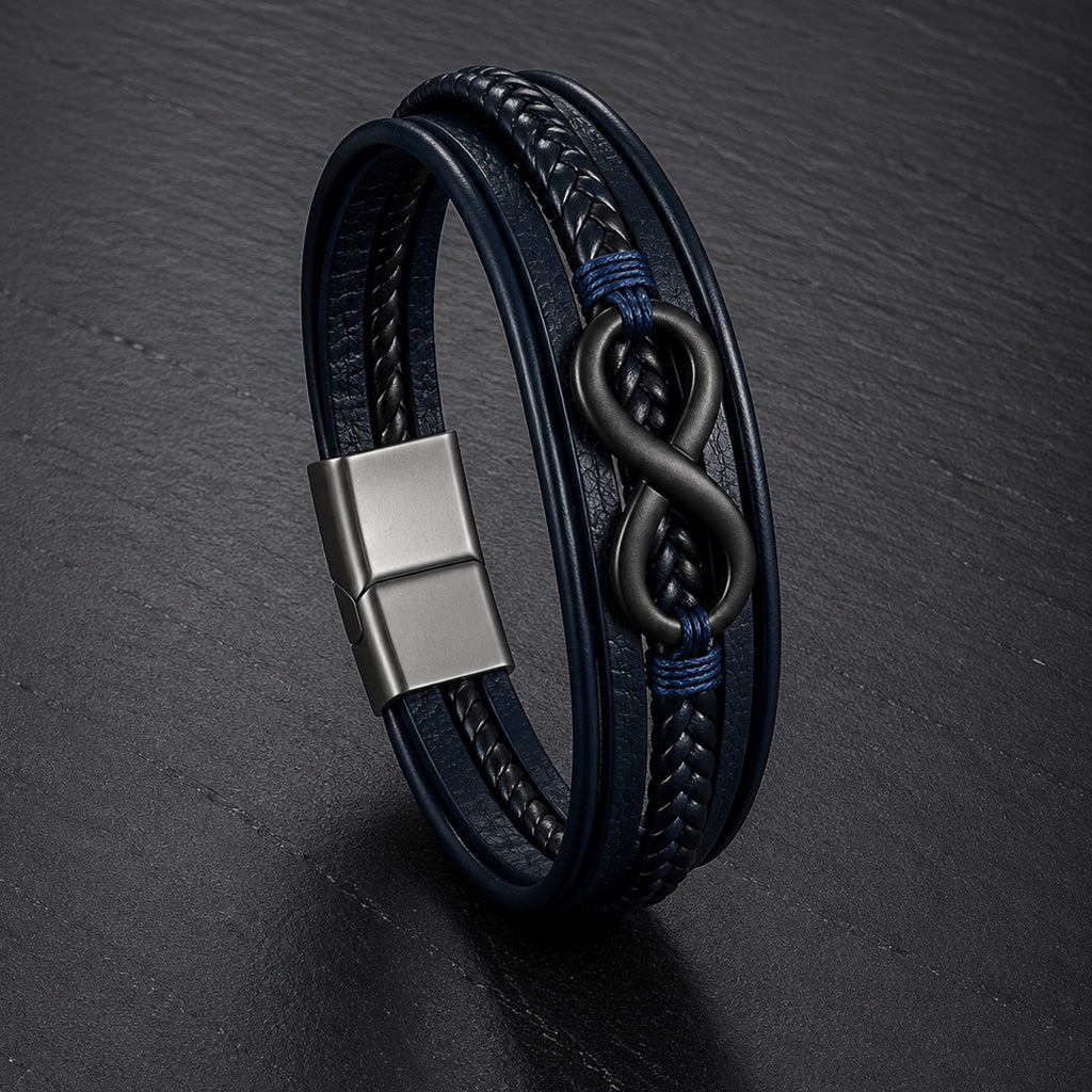 Lederarmband in blau für Männer mit 5 Strängen geflochten und glatt und mit Infinite Zeichen aus schwarzem Edelstahl auf einer Schieferplatte