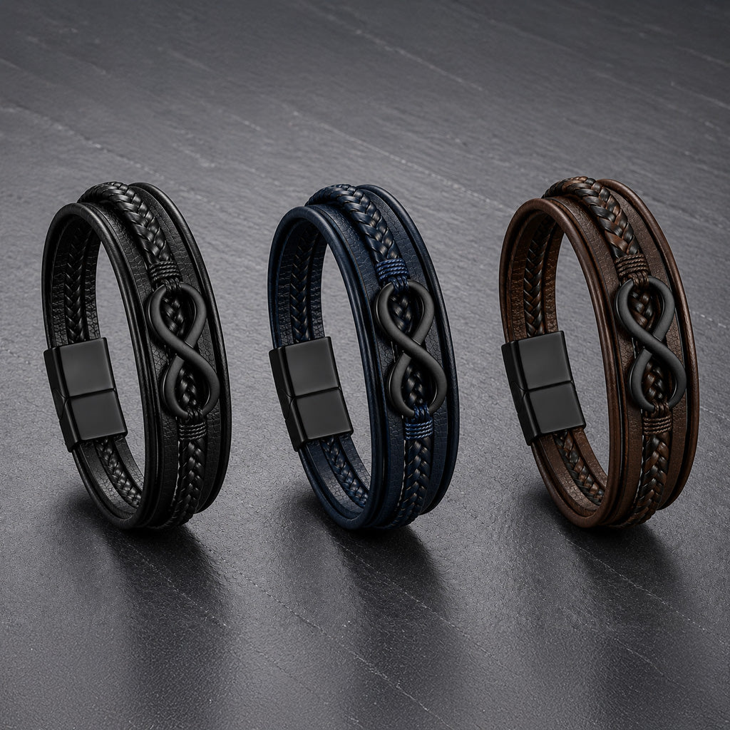 Lederarmband in schwarz, braun und blau für Männer mit 5 Strängen geflochten und glatt und mit Infinite Zeichen aus schwarzem Edelstahl auf einer Schieferplatte