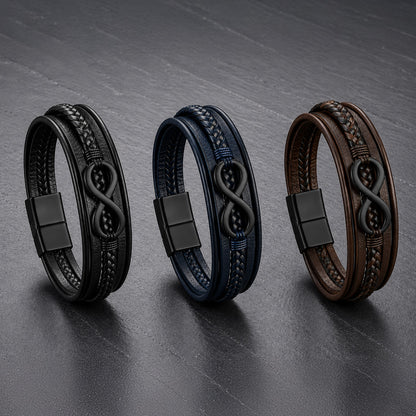 Lederarmband in schwarz, braun und blau für Männer mit 5 Strängen geflochten und glatt und mit Infinite Zeichen aus schwarzem Edelstahl auf einer Schieferplatte