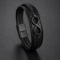 Lederarmband in schwarz für Männer mit 5 Strängen geflochten und glatt und mit Infinite Zeichen aus schwarzem Edelstahl auf einer Schieferplatte