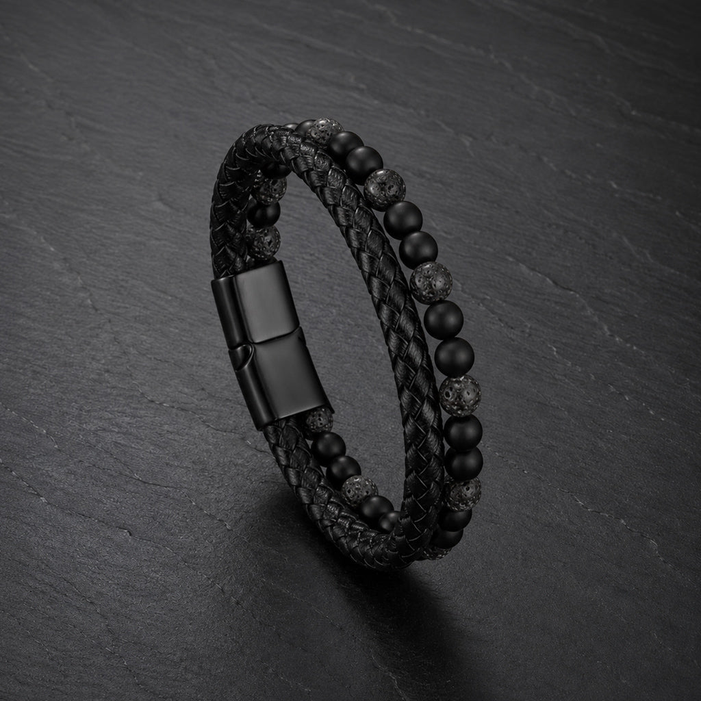 Stone Braid - Zweisträngiges Lederarmband für Herren mit Naturstein-Perlen & Magnetverschluss