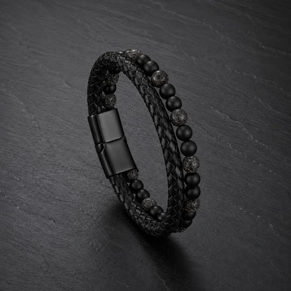 Stone Braid - Zweisträngiges Lederarmband für Herren mit Naturstein-Perlen & Magnetverschluss