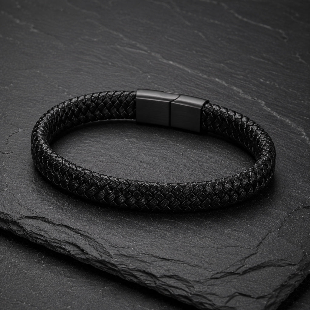Rund geflochtenes schwarzes Herren Lederarmband mit Magnetverschluss auf Schieferplatte.