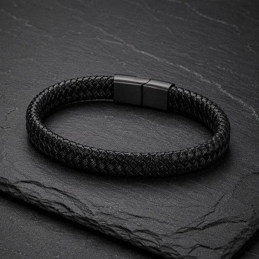 Rund geflochtenes schwarzes Herren Lederarmband mit Magnetverschluss auf Schieferplatte.
